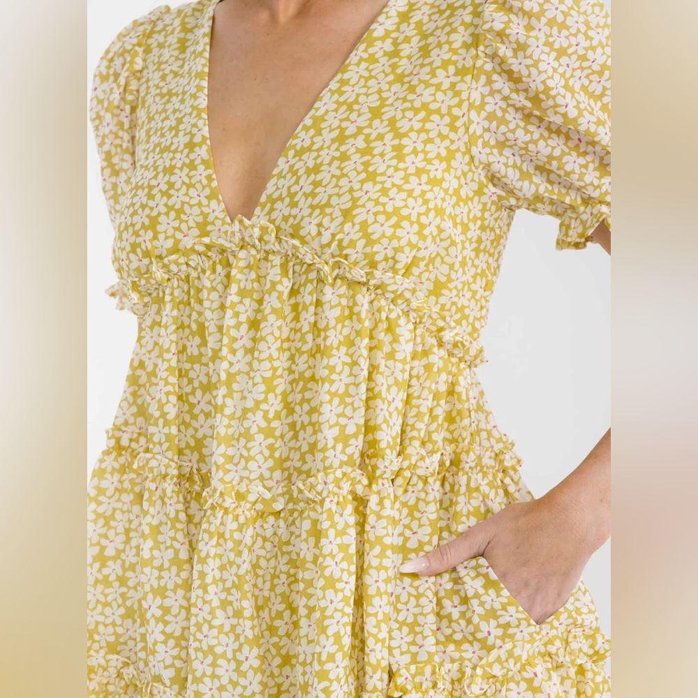 041 • Small left!...Yellow Floral Dress | Short Puff Sleeve V-Neck Pockets